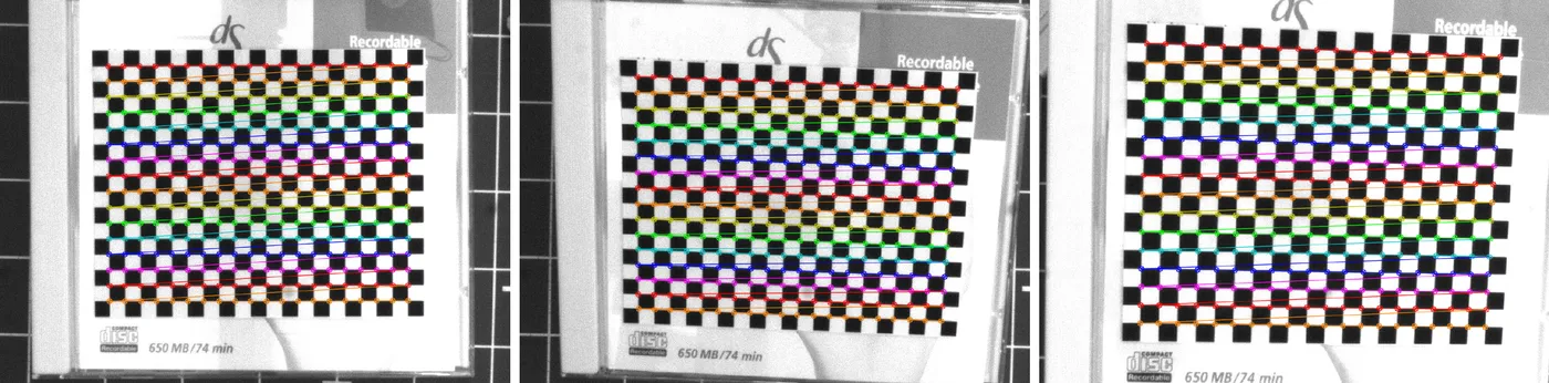 Three greyscale photographs of a fine-pitch checkerboard printed on a CD case, each with 320 detected corners joined into 16 coloured rows.