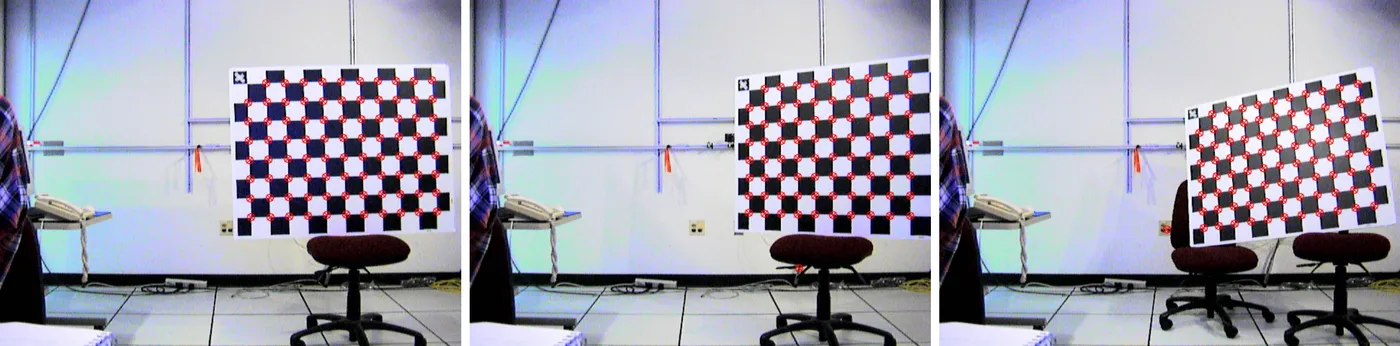 Three photographs of a checkerboard mounted on a wall in an office, each with detected corners marked in red and no row polylines drawn.