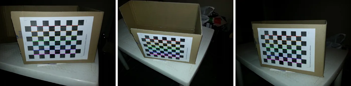Three dark photographs of a printed checkerboard taped to a cardboard box on a table, each with detected corners joined into seven coloured rows.