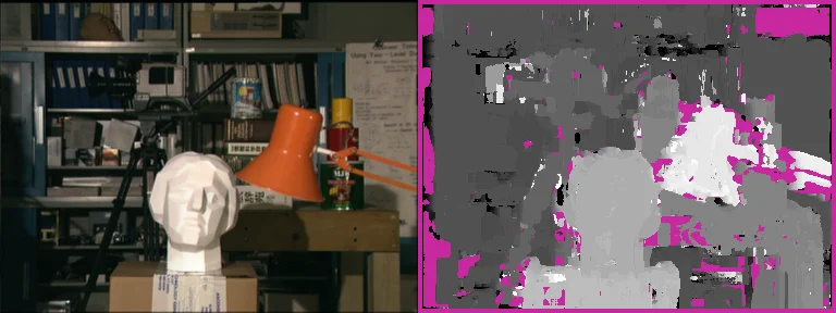 Left: the Tsukuba reference image. Right: its ZNCC disparity map, bright where near, with unmatched pixels flagged in magenta around the borders and in the dark shelves