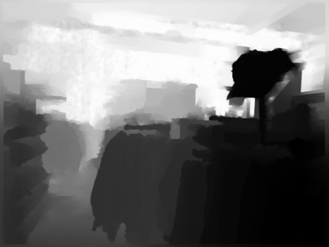 NYUv2 depth frame 93, an 8-bit rendered visualisation, brighter is farther