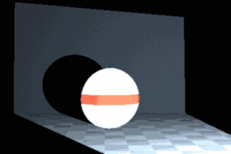 A ball resting on a checked table in front of a wall, lit by a projector, with the ball's shadow thrown onto the wall behind it