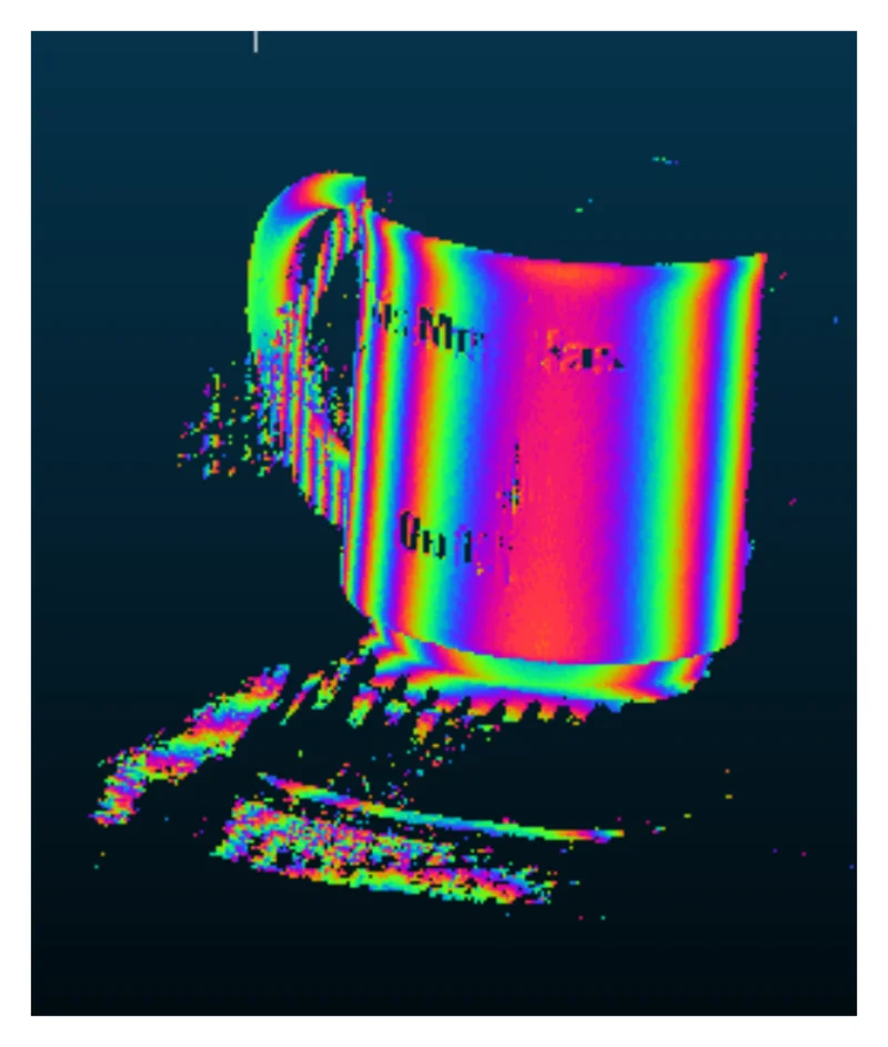 The same mug point cloud coloured in repeating 10 millimetre rainbow bands, making the curvature of the mug's surface easy to read as contour-like stripes
